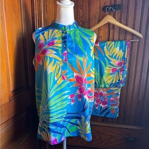 N NATORI 2 Piece Satin Tunic Top Pajama Set Tropical Print Size Medium